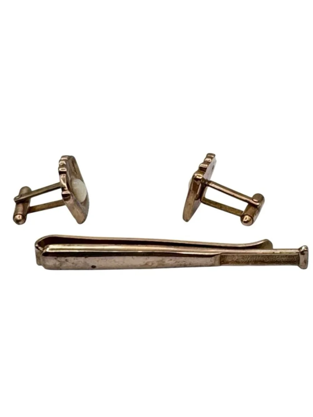 Baseball Motif Cuff Links Tie Clip MOP Baseball in Mitt Gold Tone Vintage 1950s - Picture 4 of 9
